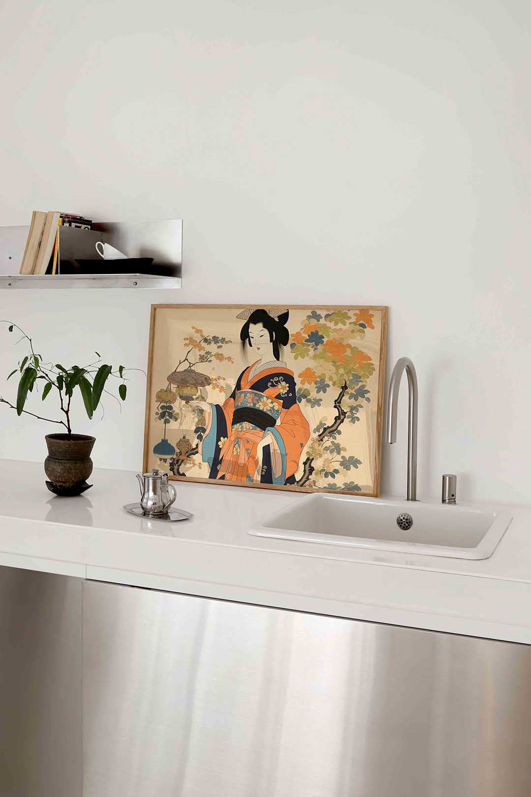 Japanse vrouw met bloemen – keukenposter in liggend formaat