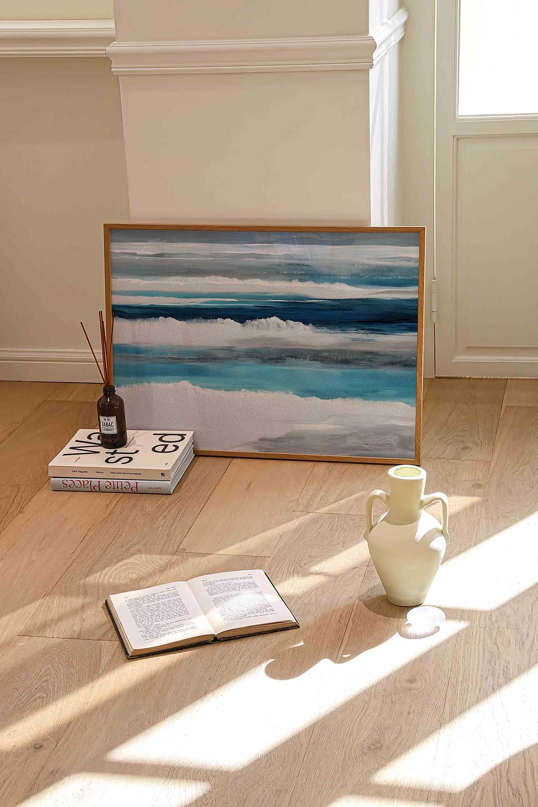 Blauwe en grijze strepen – liggende abstracte wanddecoratie van WallArtistic