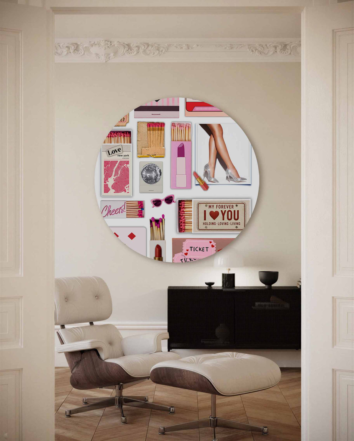 Retro collage – kleurrijke Pop Art muurcirkel voor aan de muur
