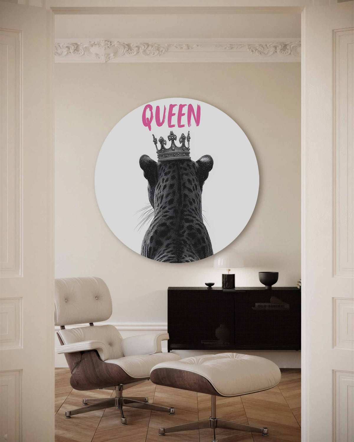 Luipaard met kroon – kleurrijke Pop Art muurcirkel voor aan de muur