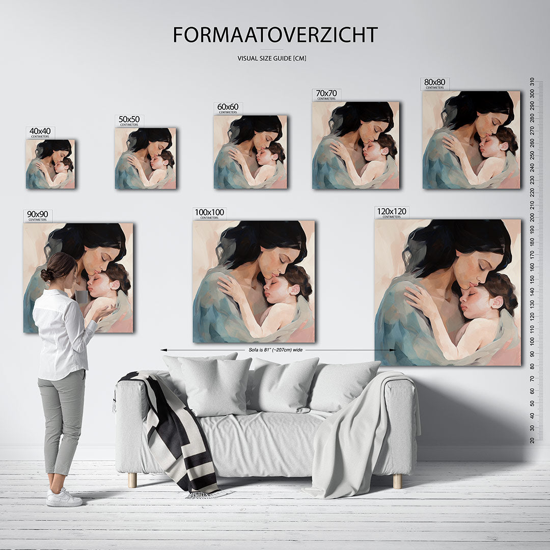 Intieme omhelzing kunstwerk – sfeerbeeld – dit kunstwerk toont een serene moeder-kind omhelzing. Zachte kleuren en vloeiende