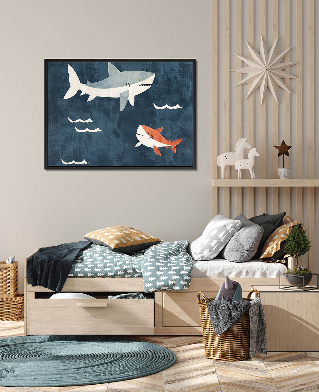 Grafische haaien – wanddecoratie in interieur