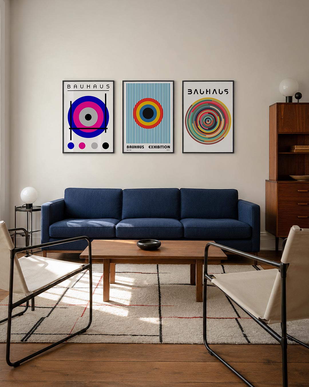 Cirkel en lijnenspel driedelige posterset – deze posterset in drie delen toont een levendig spel van cirkels en lijnen in