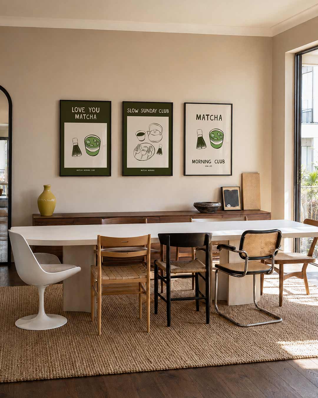Matcha illustratie posterset – derde productweergave – een speelse compositie met een matcha kom en klopper
