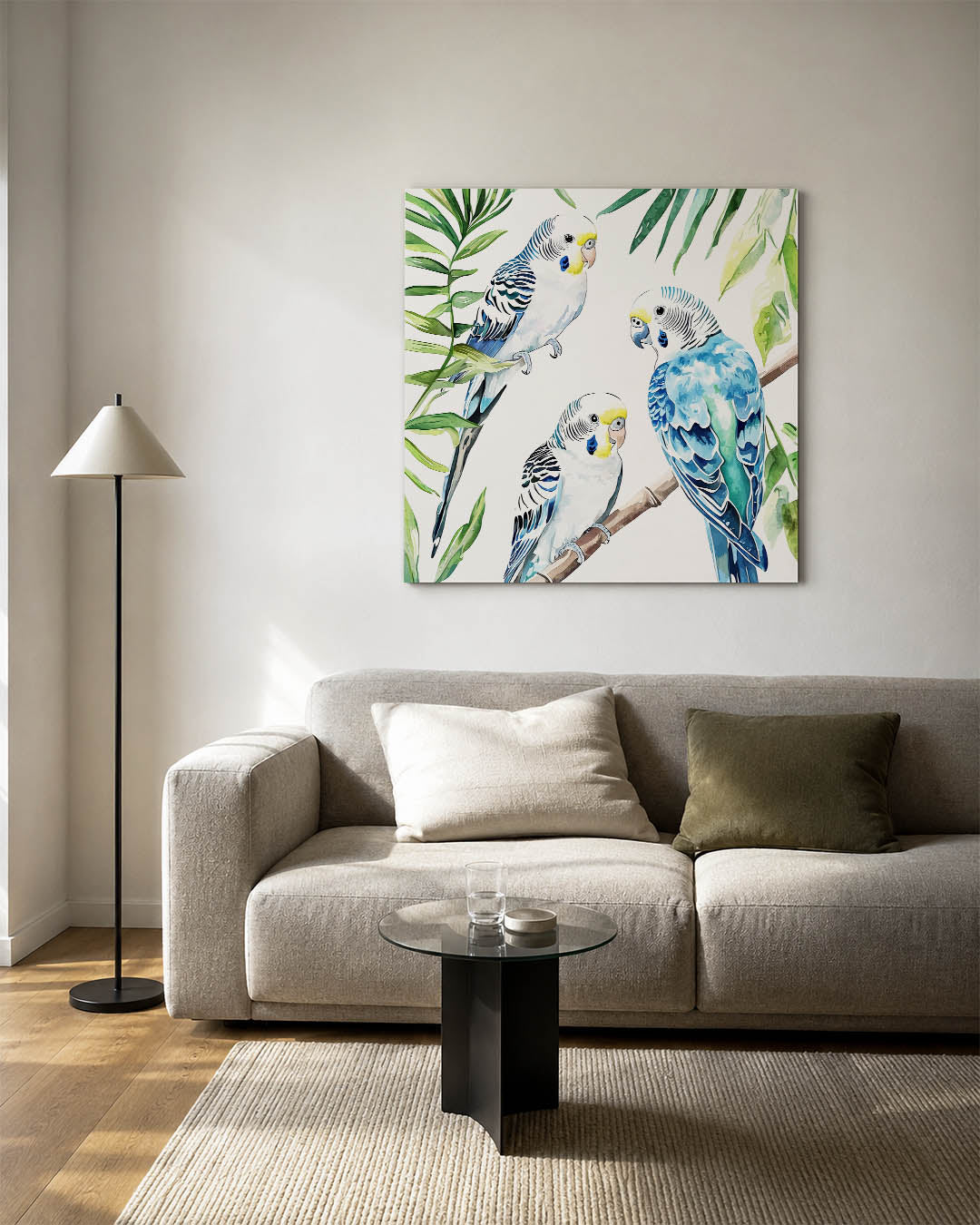 Papegaaien en bladeren kunstwerk – detailweergave – dit werk toont drie kleurrijke papegaaien omringd door groene bladeren