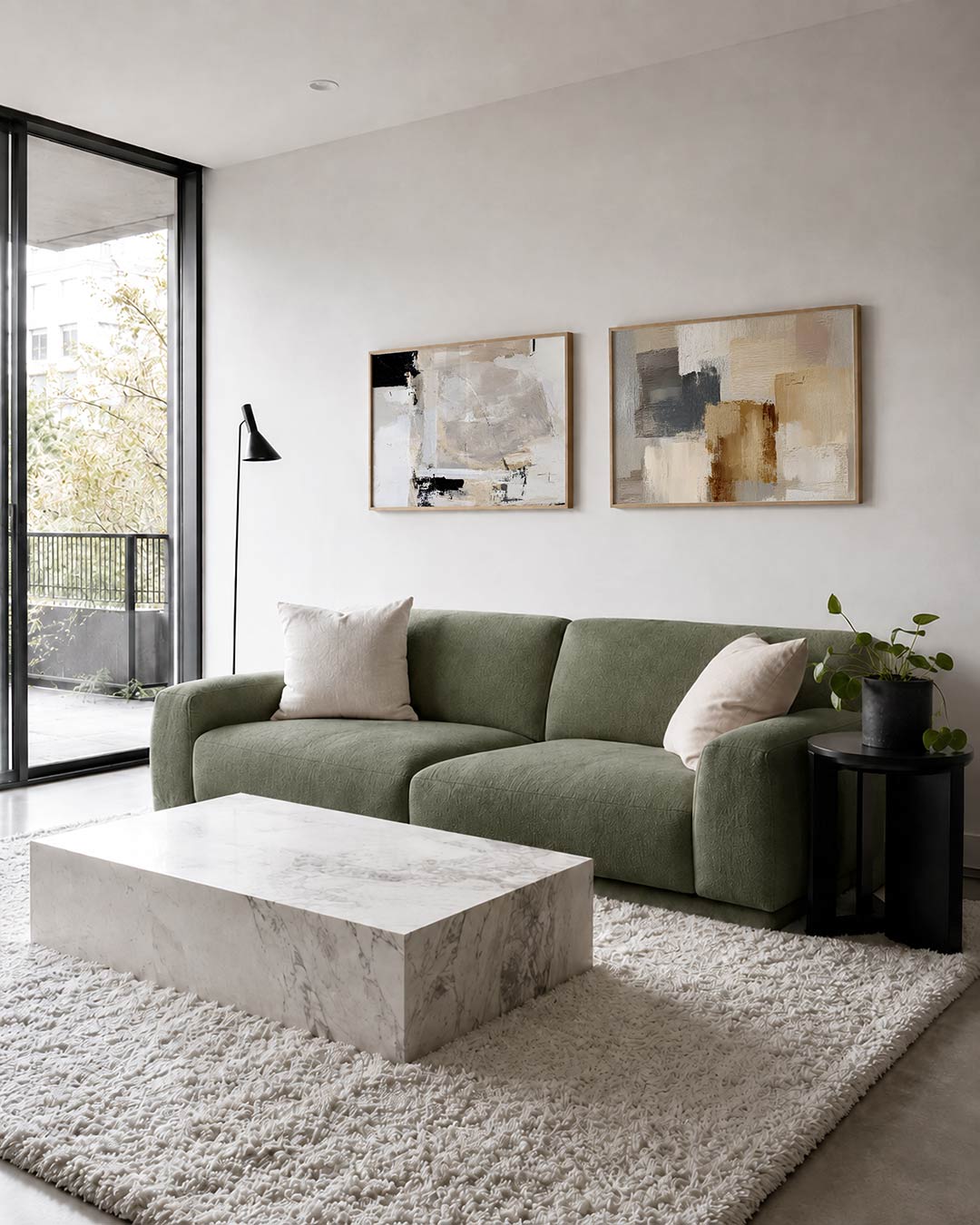 Twee liggende posters met beige en witte vlakken met zwarte accenten, aan de muur in een interieur