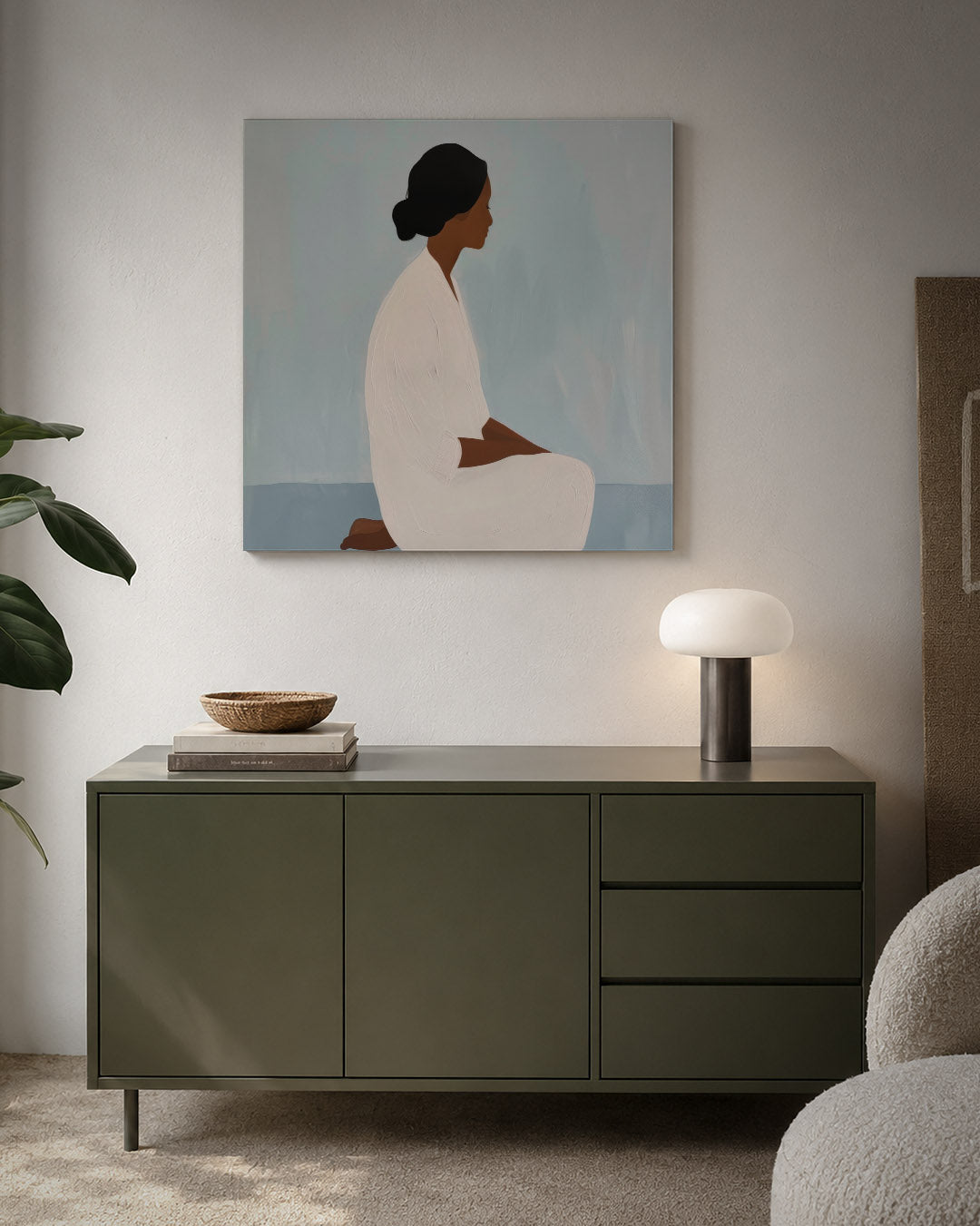 Rustige silhouet kunstwerk – detailweergave – dit kunstwerk toont een zittende figuur in profiel, gehuld in zachte tinten. De