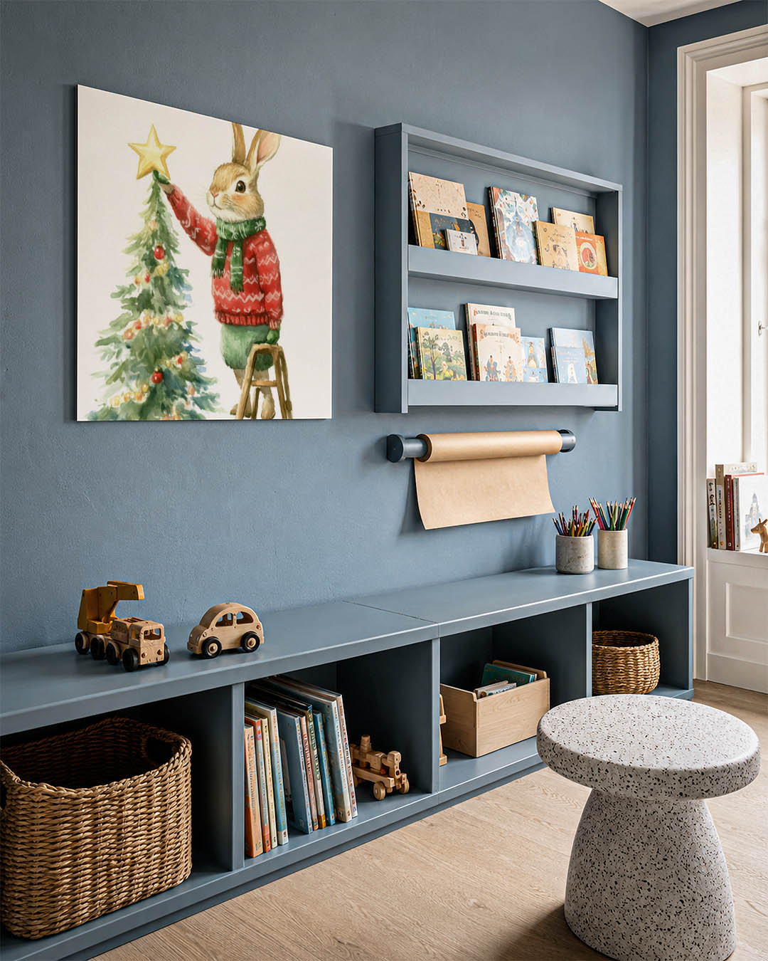 Kerstkonijn met boom kunstwerk – detailweergave – een konijn in een rode trui en groene sjaal versiert een kerstboom met een