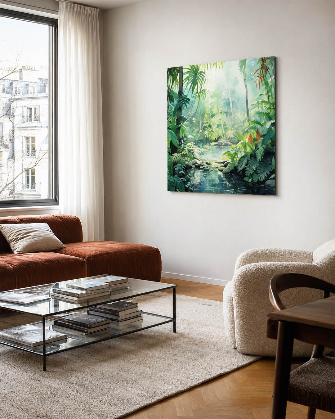 Lush groene oase kunstwerk – vierkante wanddecoratie – dit kunstwerk toont een weelderig boslandschap met overvloedig groen