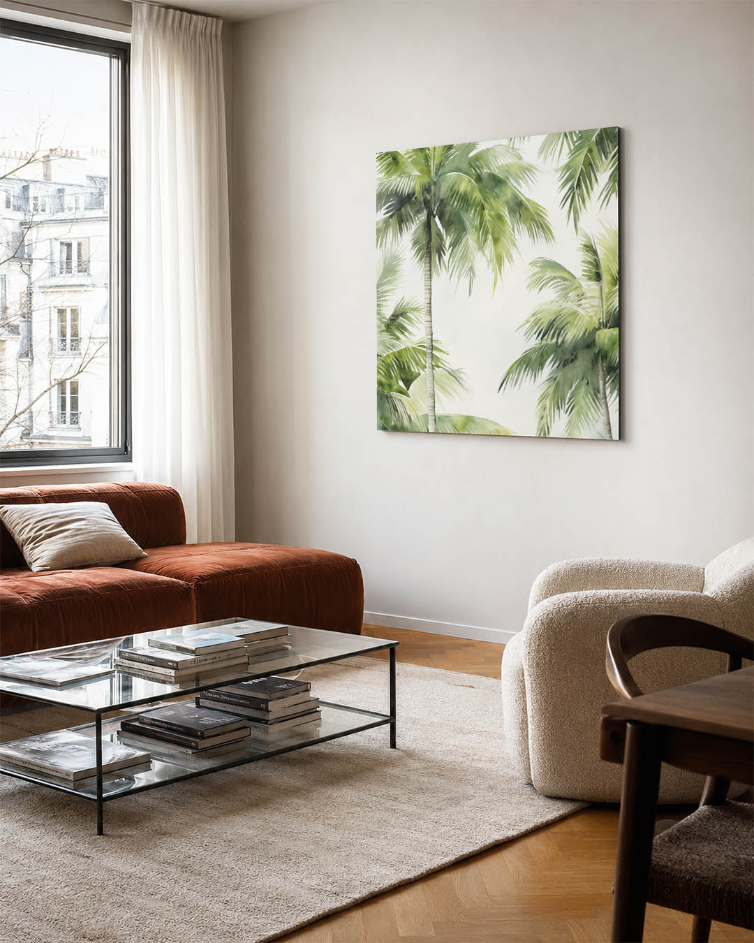 Tropische palmbomen kunstwerk – vierkante wanddecoratie – dit werk toont weelderige groene palmbomen tegen een lichte