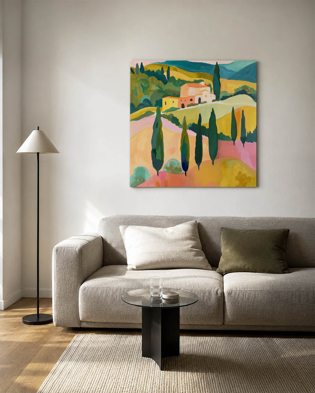 Landschap met heuvels kunstwerk – vierkante wanddecoratie – dit werk toont een glooiend landschap met cipressen en een huis.
