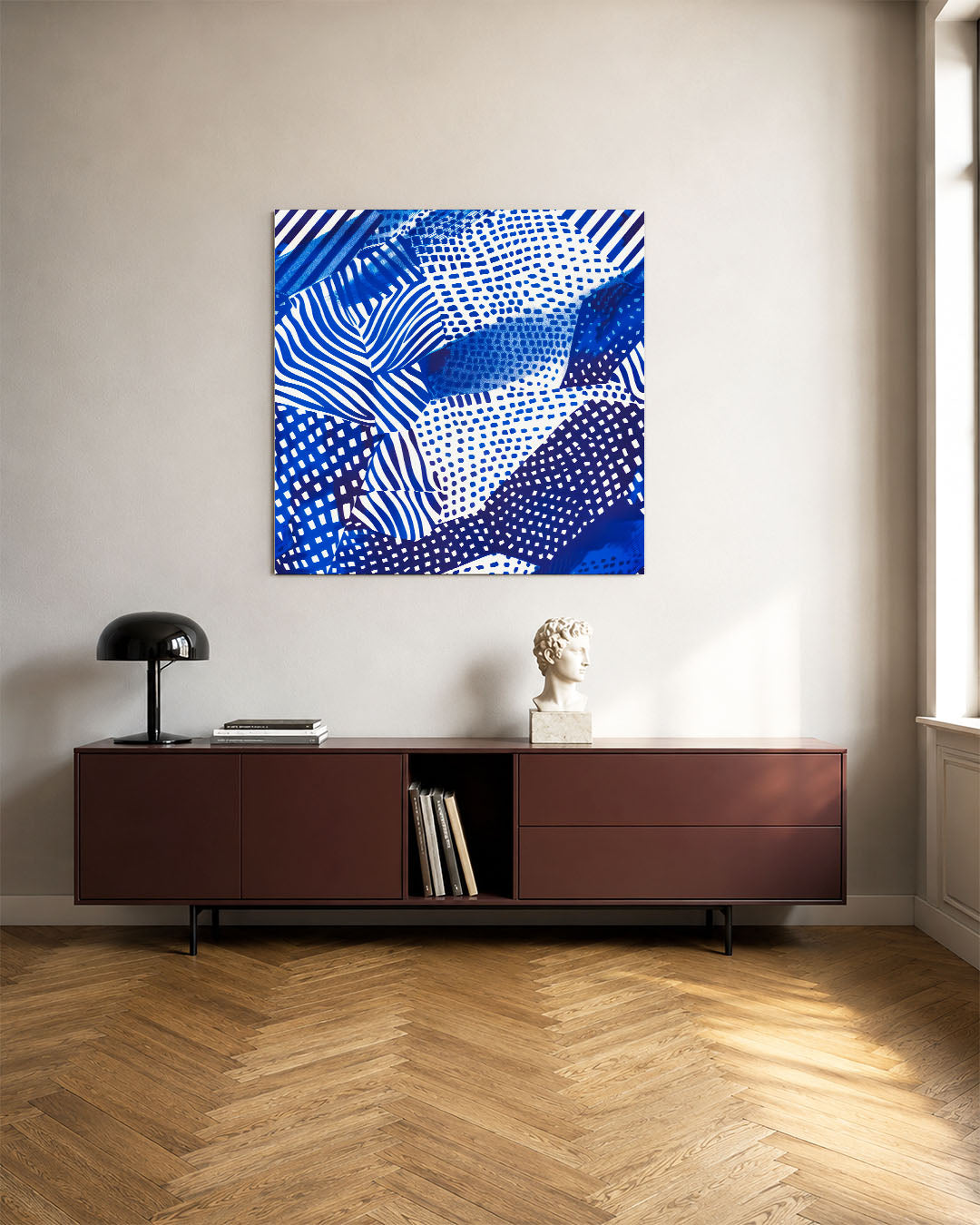 Dynamische patronen kunstwerk – tweede productweergave – dit werk toont een levendige mix van blauwe en witte patronen met