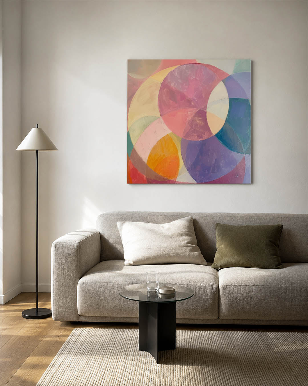 Kleurrijke cirkelvormen kunstwerk – vierkante wanddecoratie – dit werk toont een dynamische compositie van overlappende