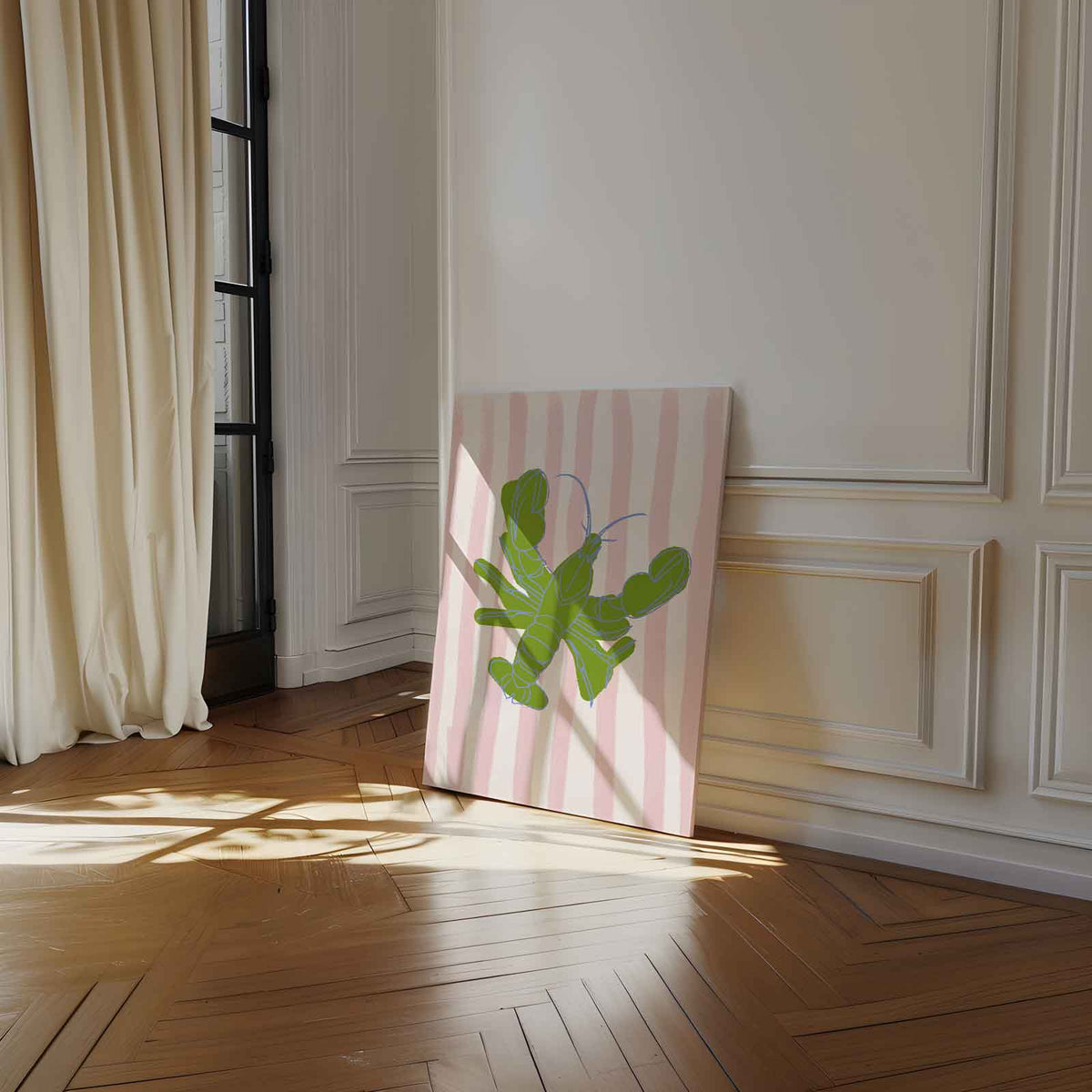 Groene Kreeft op Strepen – dibond kunstwerk als wanddecoratie