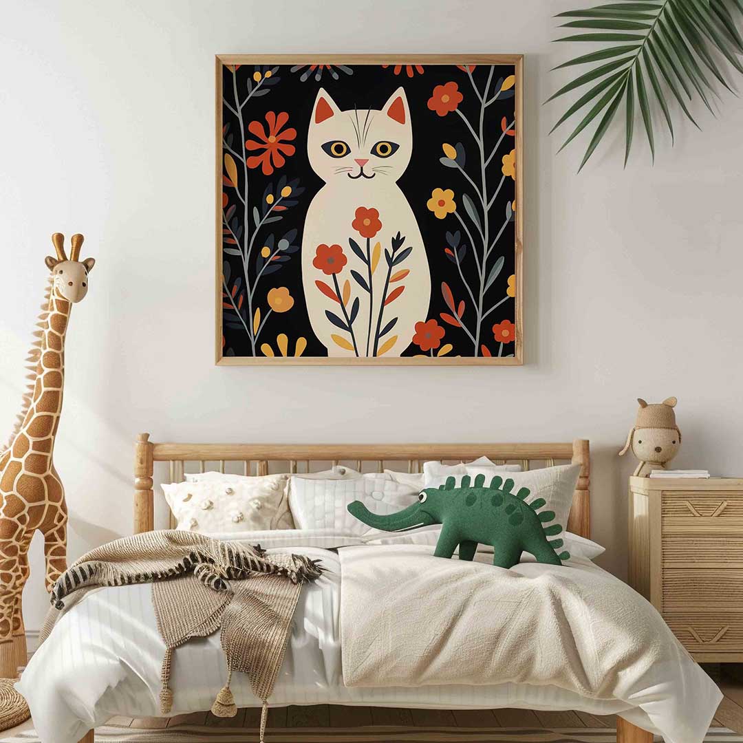 Kat met bloemen – vierkante kinderkamer wanddecoratie van WallArtistic