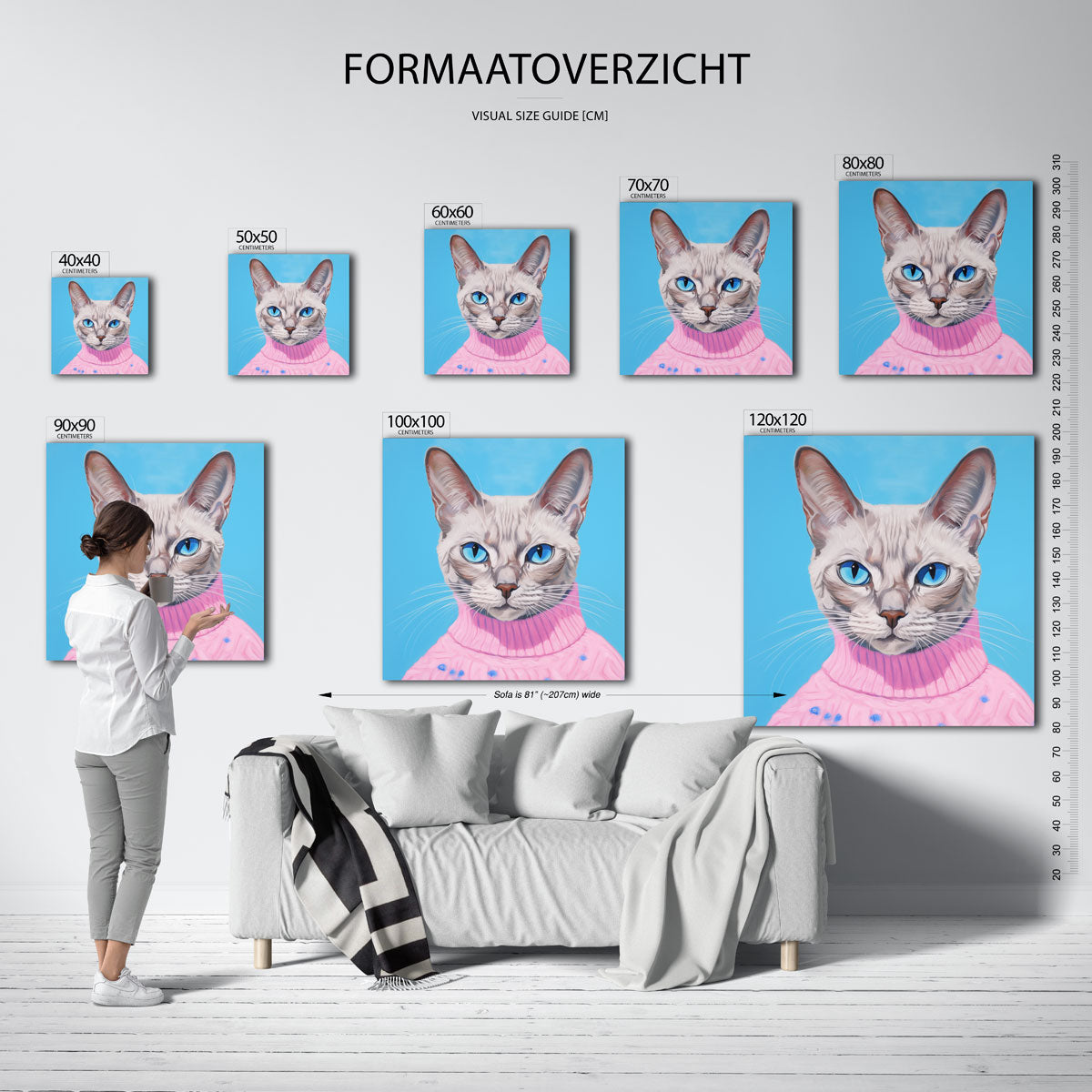 Kat met roze trui – vierkante muurposter met dierenthema