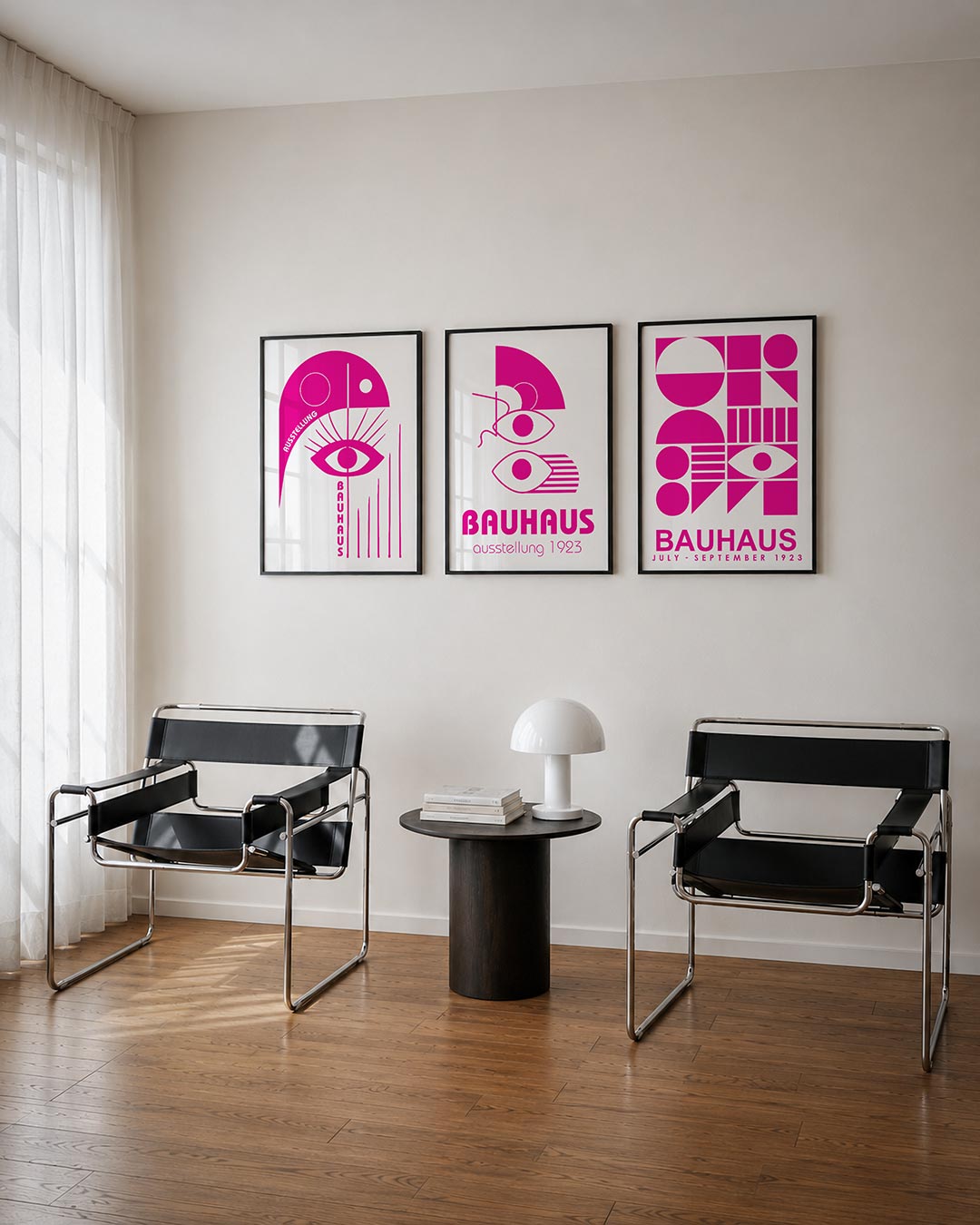 Oog en lijnen posterset – tweede productweergave – een speelse compositie met een groot oog centraal, omringd door strakke