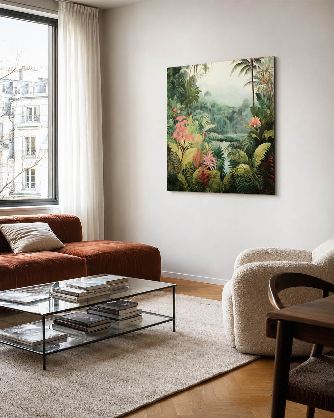 Tropisch landschap kunstwerk – vierkante wanddecoratie – dit werk toont een weelderig tropisch landschap met diverse planten