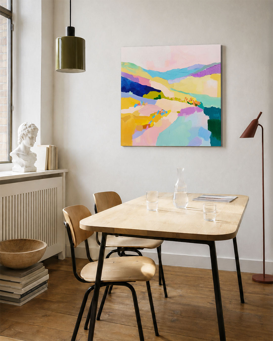 Kleurrijke landschap compositie kunstwerk – vierkante wanddecoratie – dit werk toont een levendige mix van kleuren en vormen