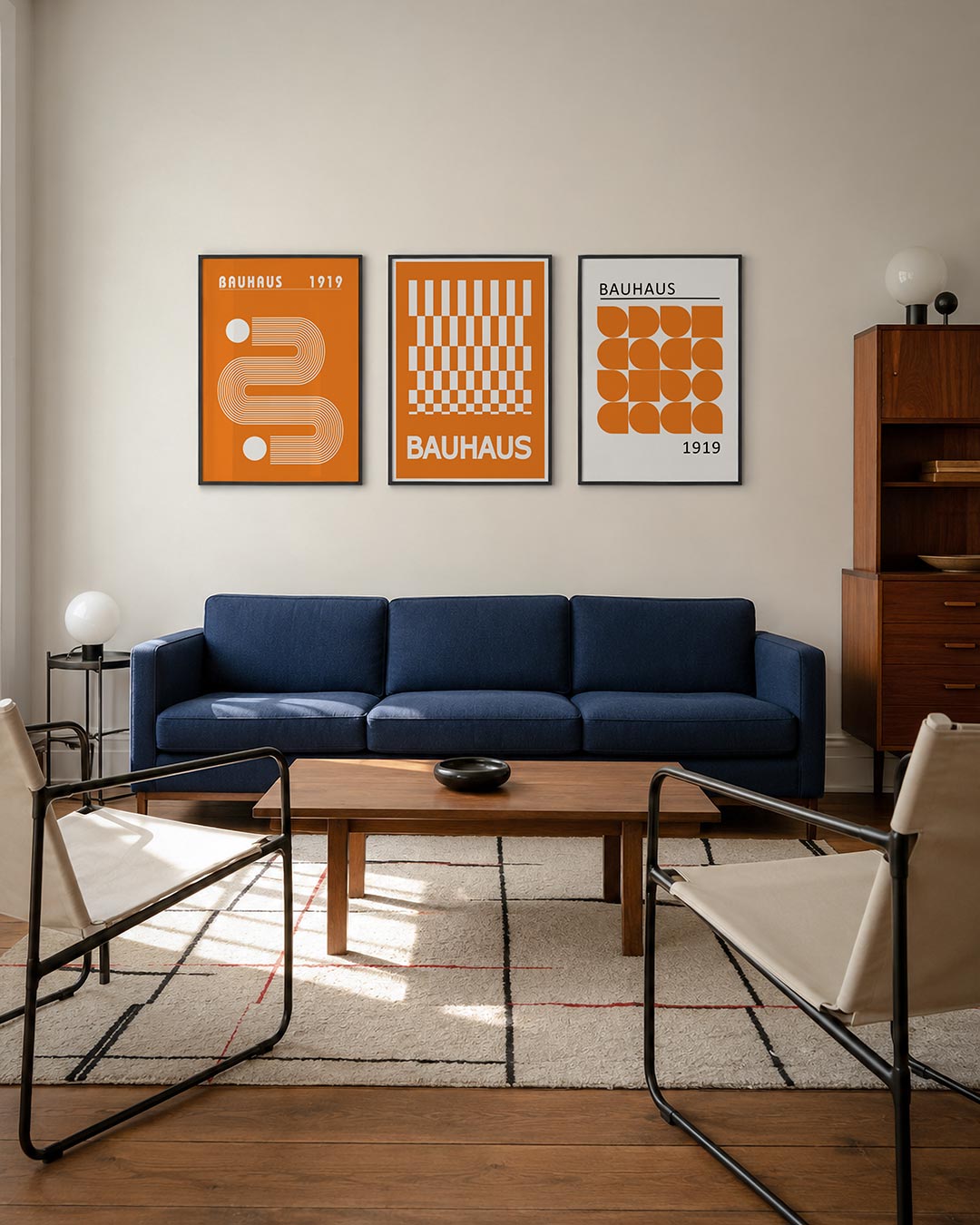 Lijnen en kleurvlakken driedelige posterset – deze posterset in drie delen toont een levendig spel van oranje en wit. De