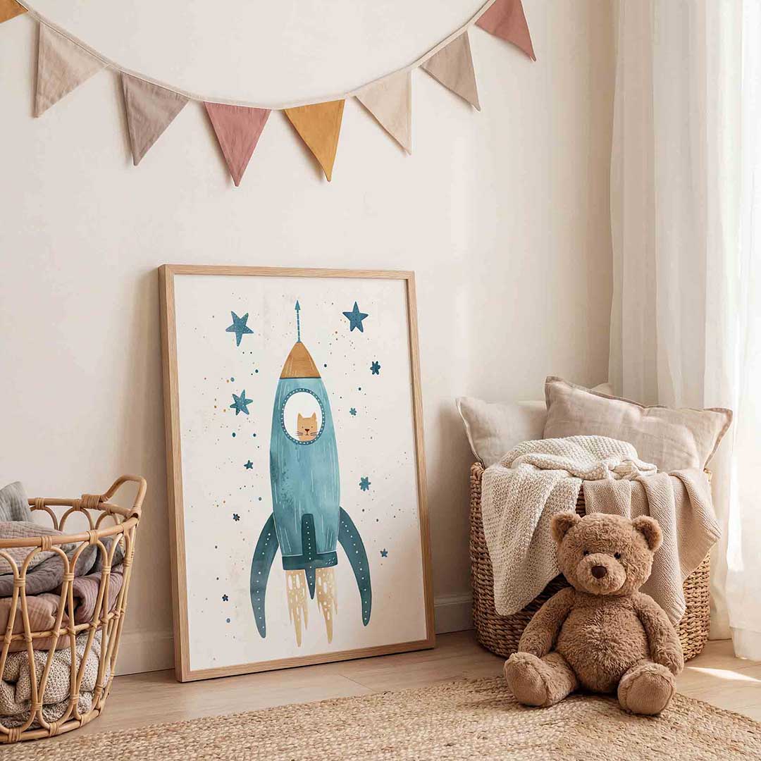 Kat in raket – speelse wandkunst als portret kinderposter