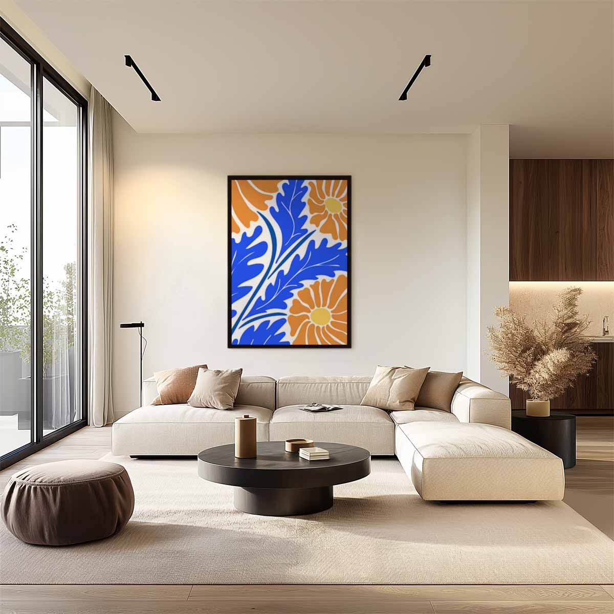 Bloeiend Blauw Oranjetapijt – staand kunstwerk voor modern interieur