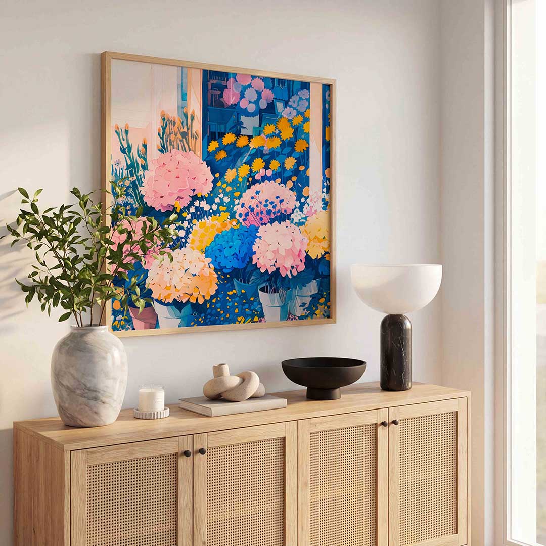Bloemen en potten – illustratie poster in vierkant formaat