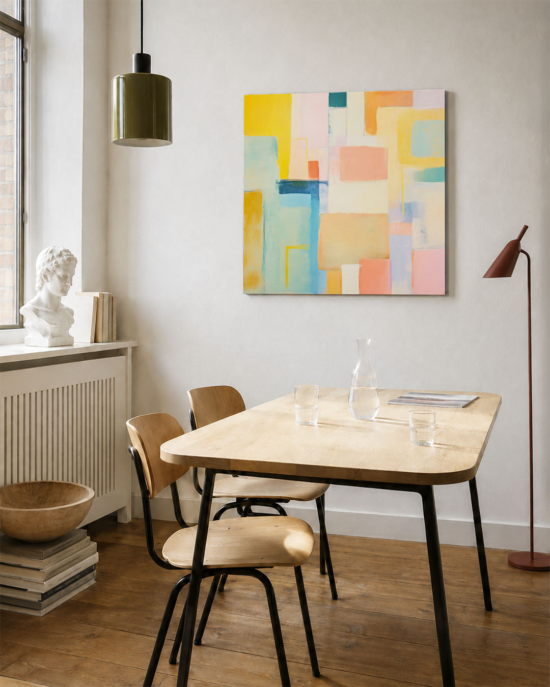 Kleurrijke geometrie kunstwerk – vierkante wanddecoratie – dit werk toont een levendige compositie van rechthoeken in zachte