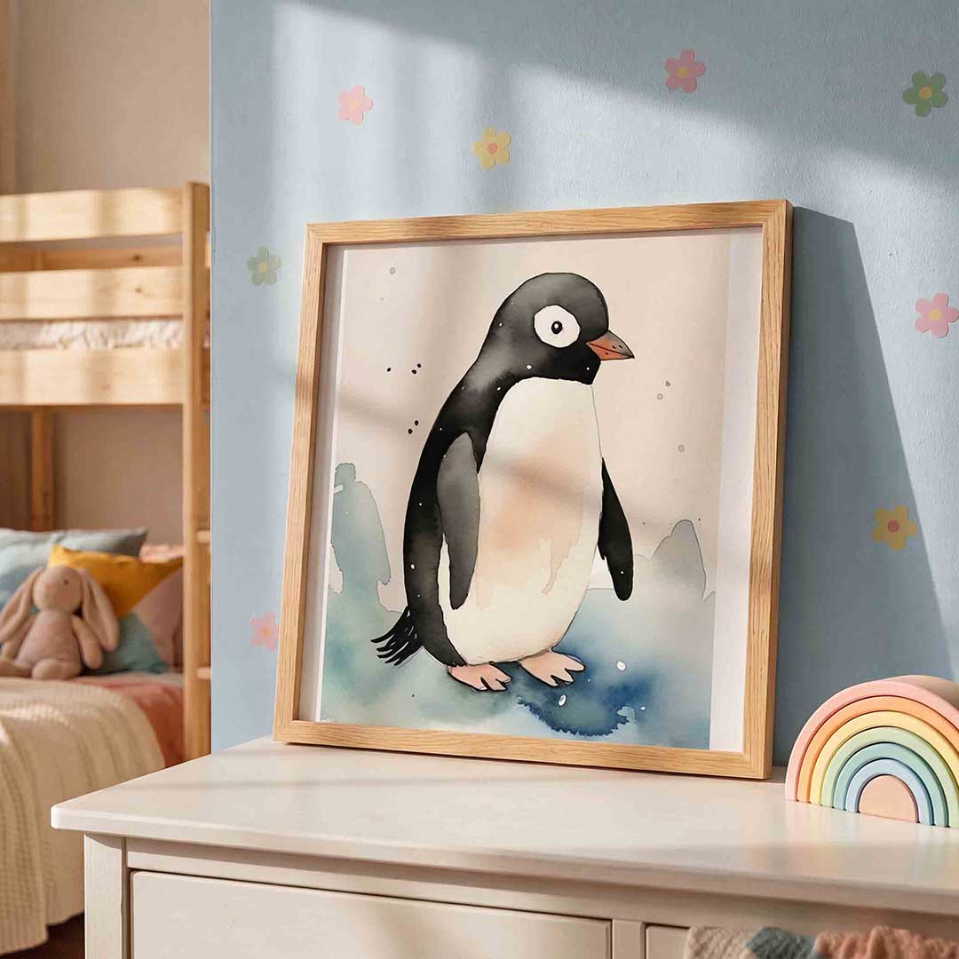 Pinguïn op ijs – speelse wandkunst als vierkante kinderposter