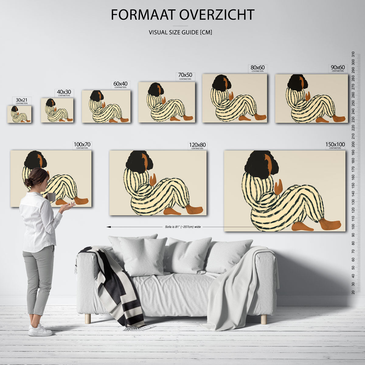 Zittende figuur met strepen – liggende muurposter met vrouwelijk portret