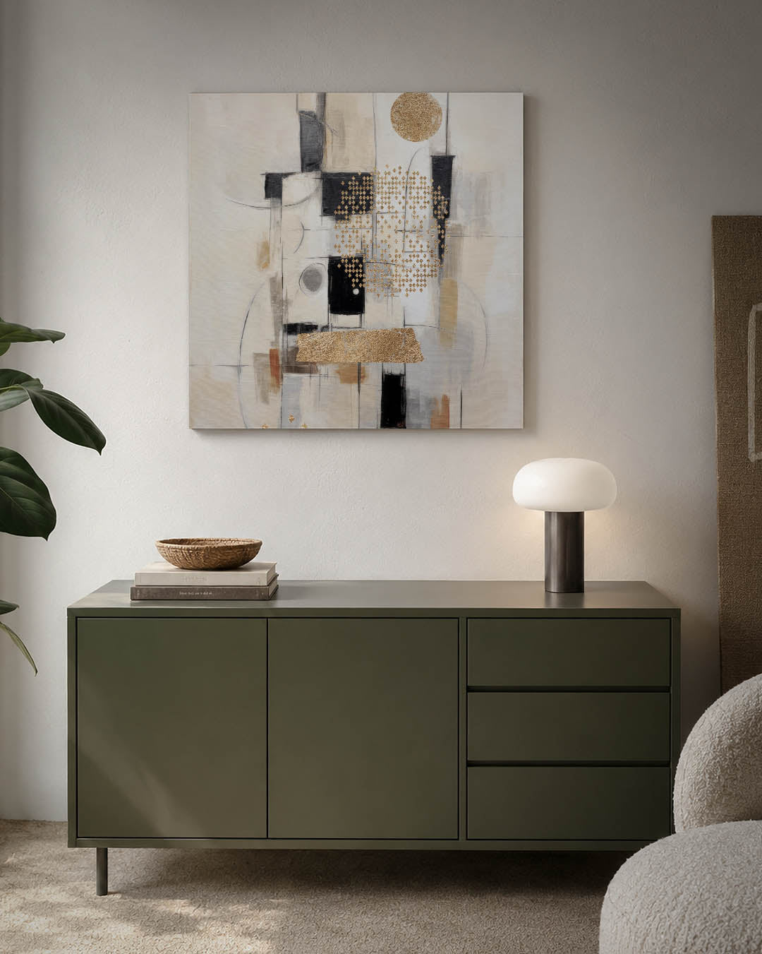 Geometrische compositie kunstwerk – detailweergave – dit werk toont een dynamische mix van geometrische vormen en lijnen, met