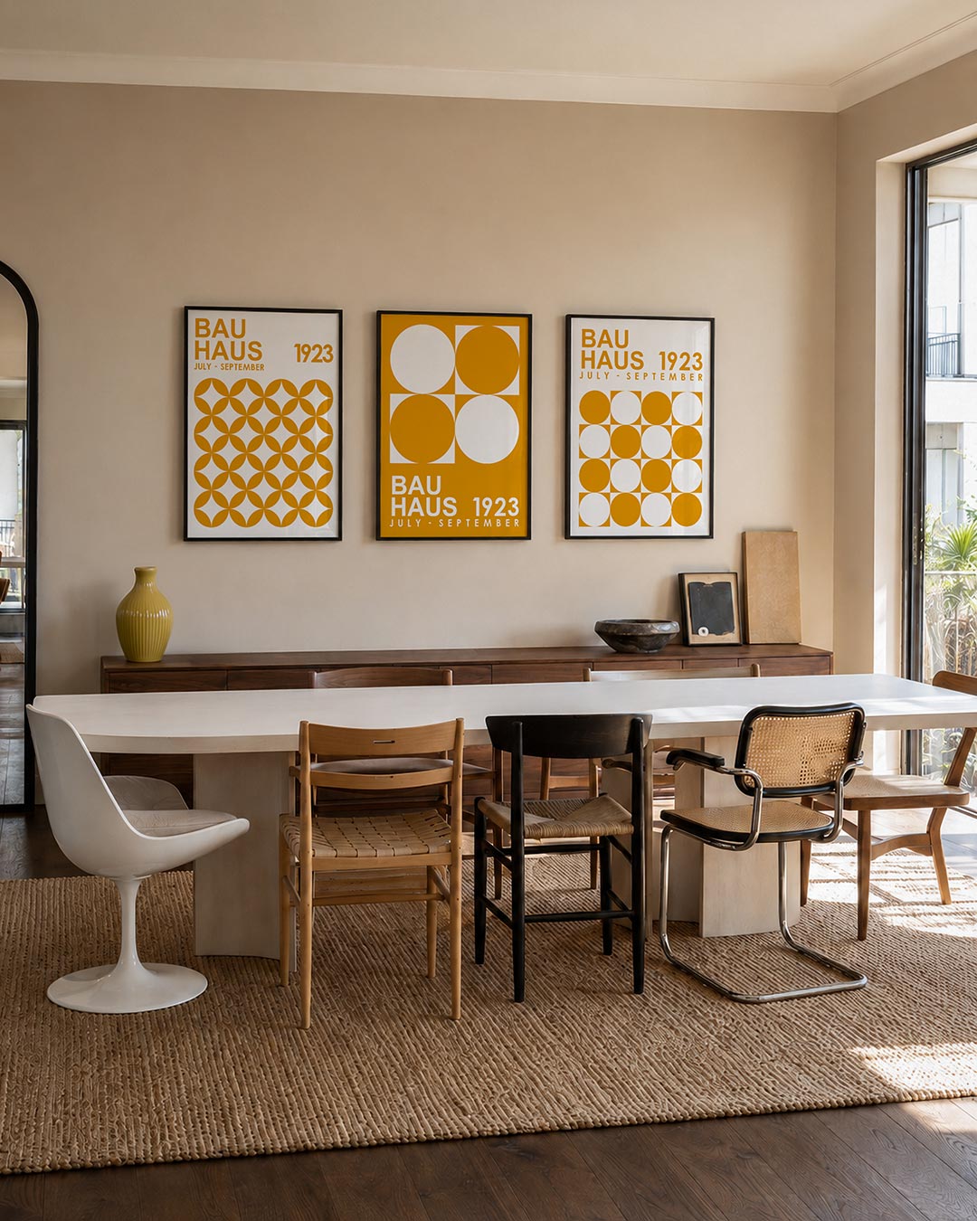 Cirkelpatroon en tekst driedelige posterset – deze posterset in drie delen toont een levendig patroon van oranje cirkels op