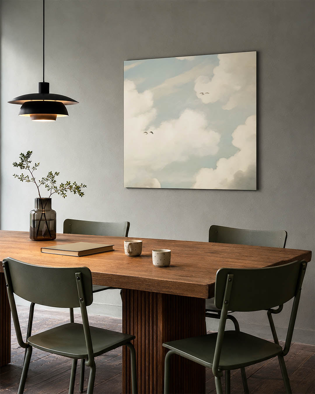 Lucht met wolken kunstwerk – tweede productweergave – dit werk toont een serene lucht met zachte wolken en vogels. De