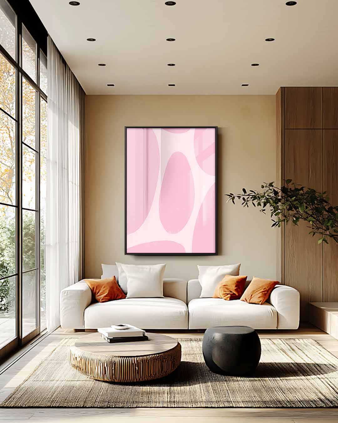 Speelse Roze Abstractie – plexiglas wanddecoratie in portret formaat