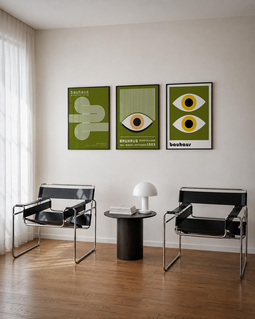 Lijnenspel en cirkel driedelige posterset – deze posterset in drie delen toont een harmonie van witte lijnen en cirkels op