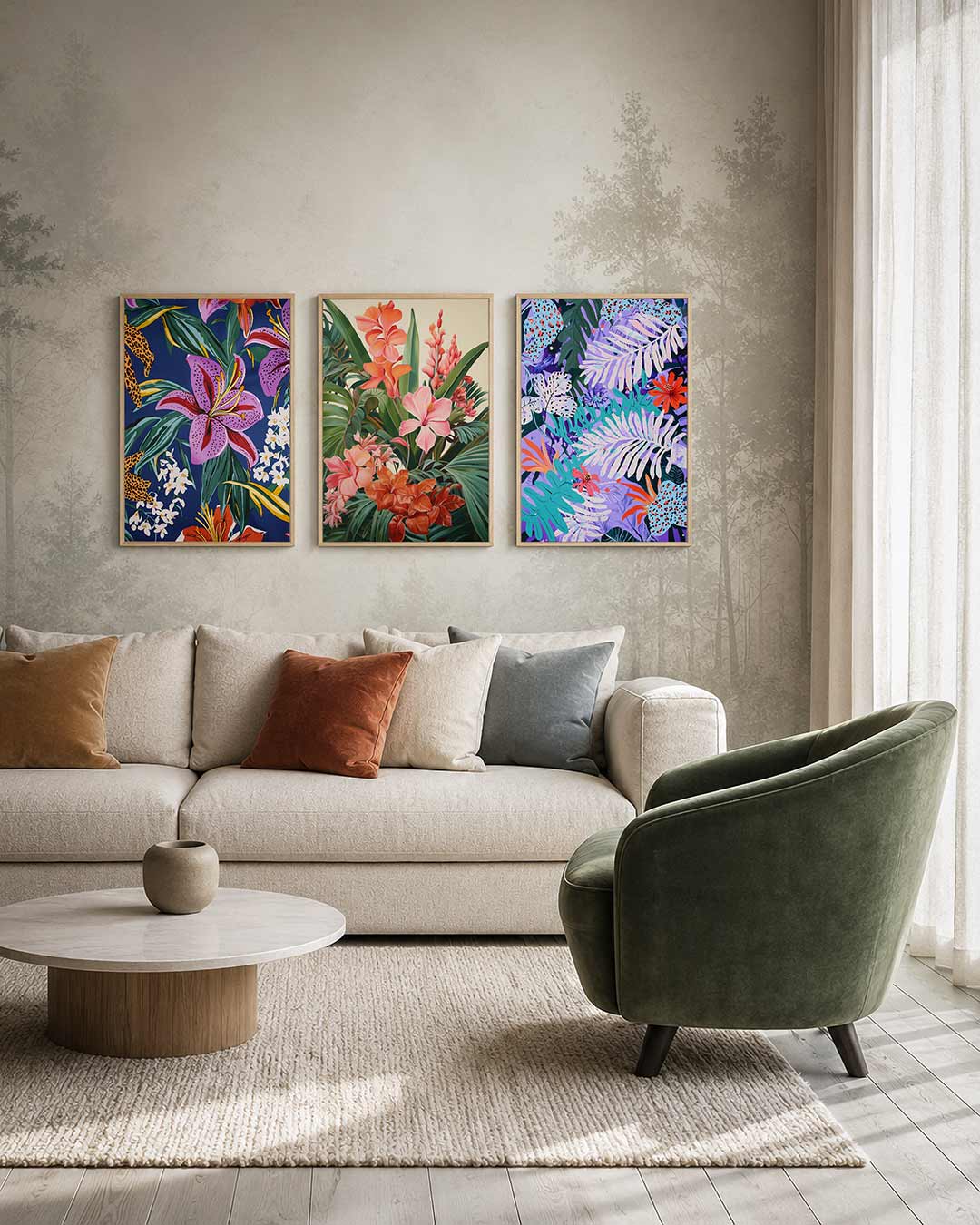 Bloemrijke kleurenpracht driedelige posterset – deze posterset in drie delen toont levendige bloemen in