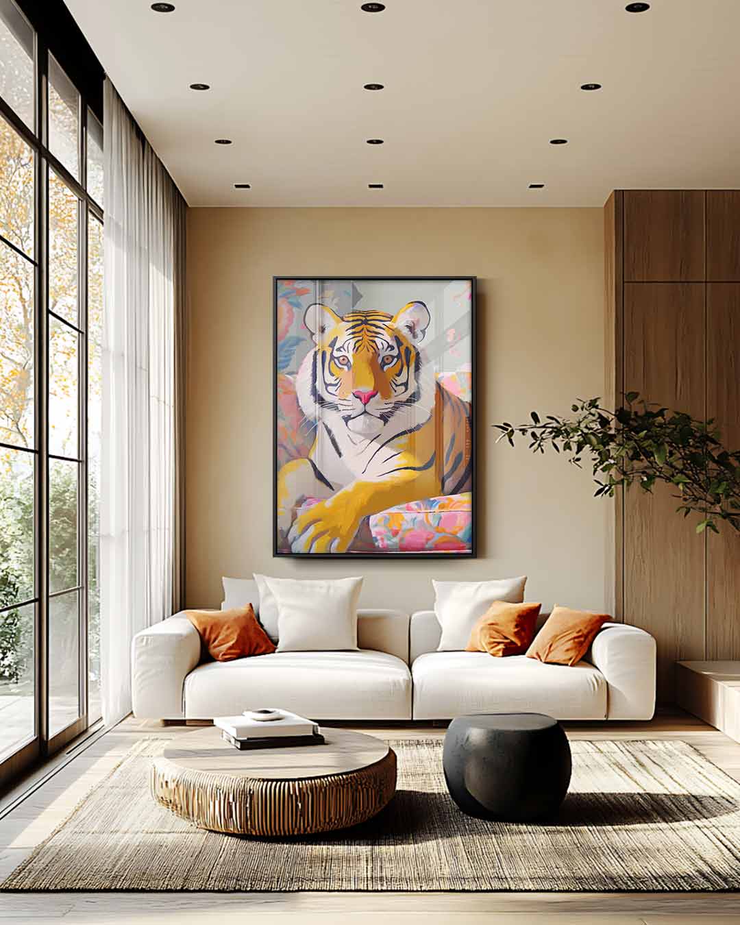 Tropische Tijger in Bloemenpracht – modern portret kunstwerk van WallArtistic