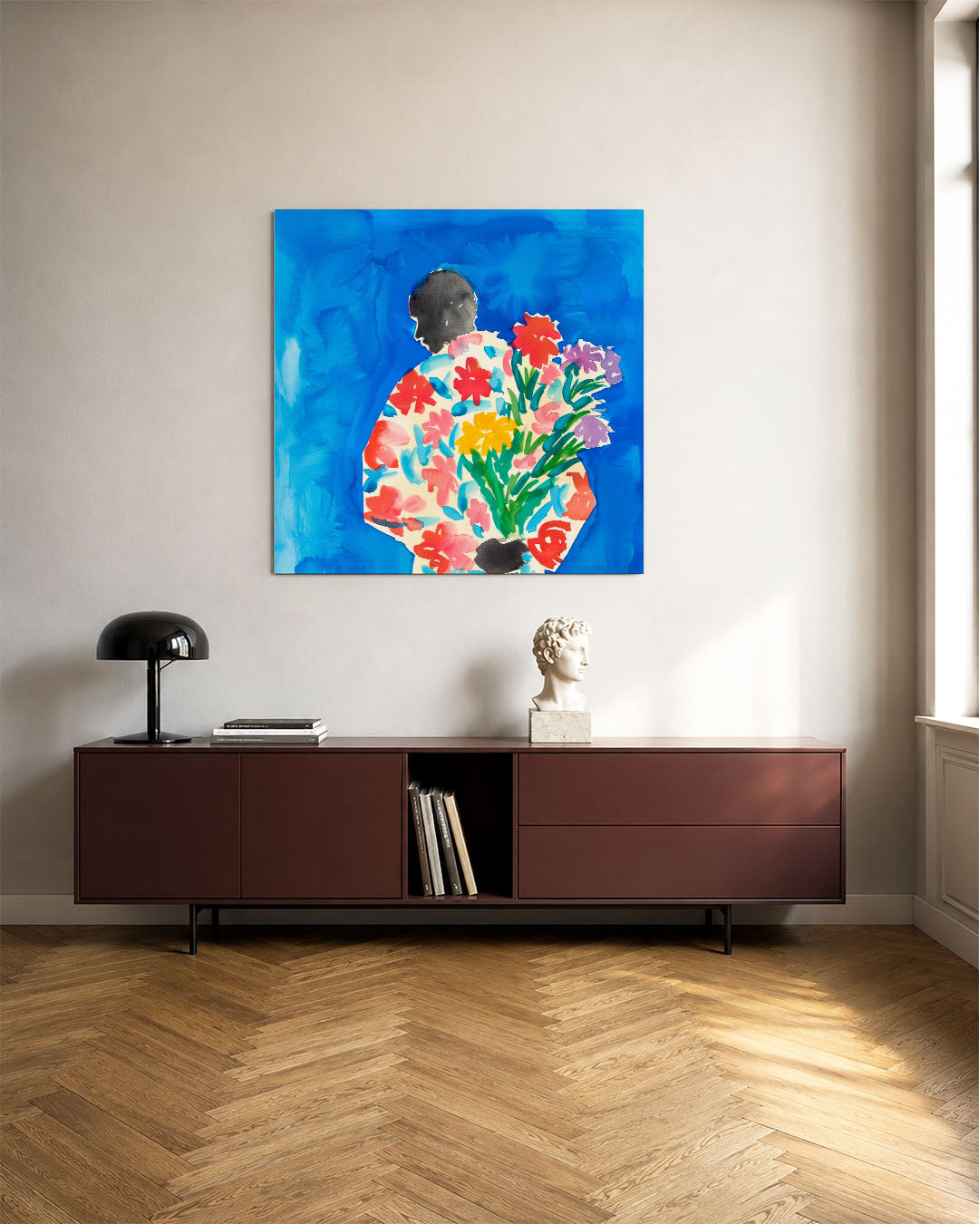 Kleurrijke bloemfiguur kunstwerk – tweede productweergave – dit werk toont een silhouet gevuld met levendige bloemen tegen