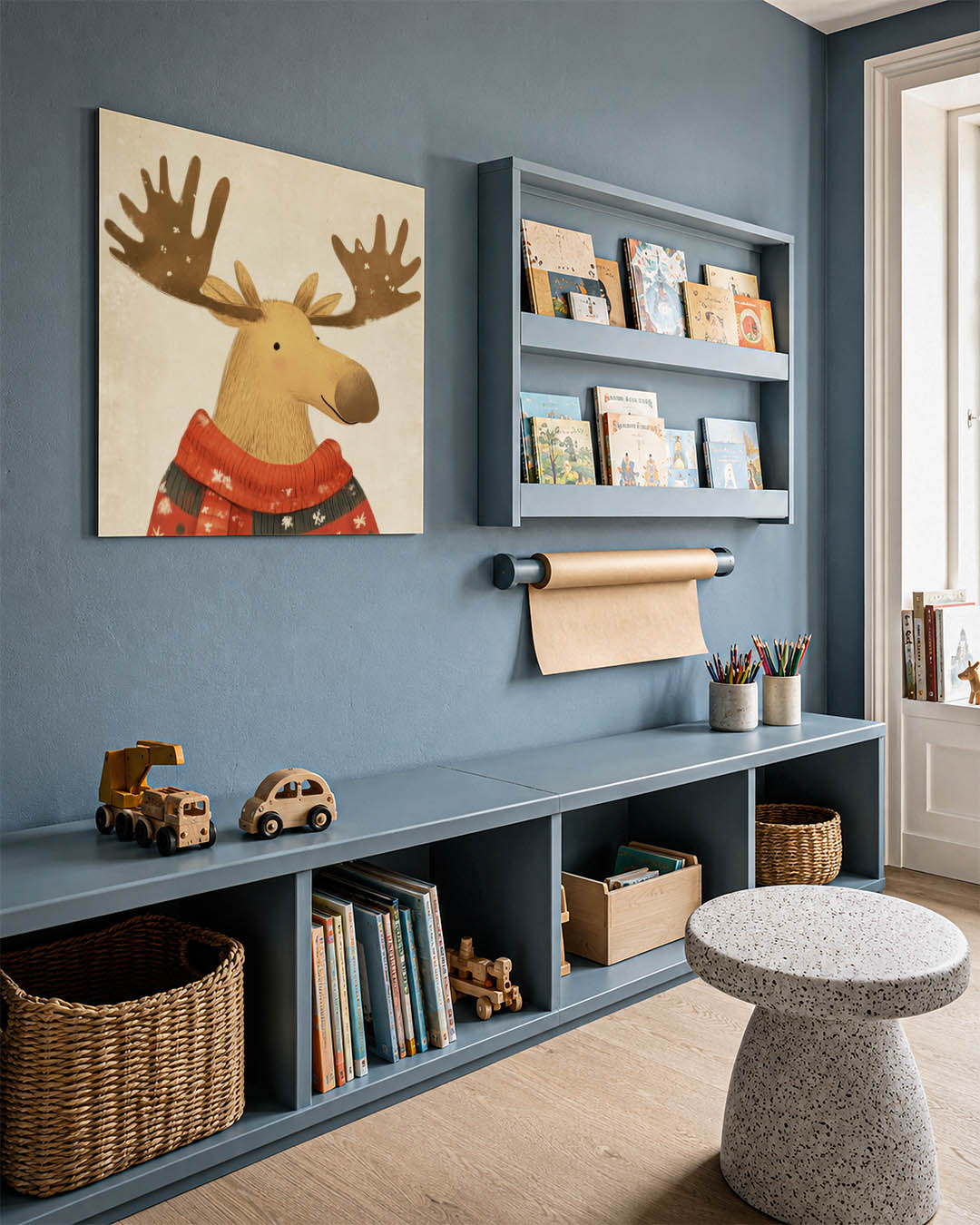 Vrolijke eland illustratie kunstwerk – detailweergave – dit werk toont een eland met grote geweien, gekleed in een kleurrijke