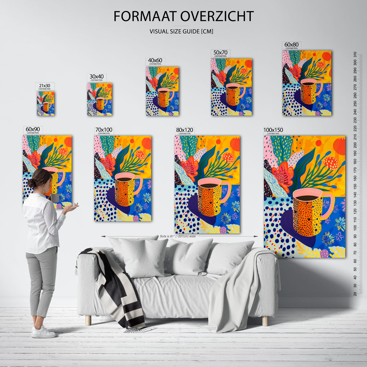Bloemen en mok – staande muurposter met kleurrijke illustratie