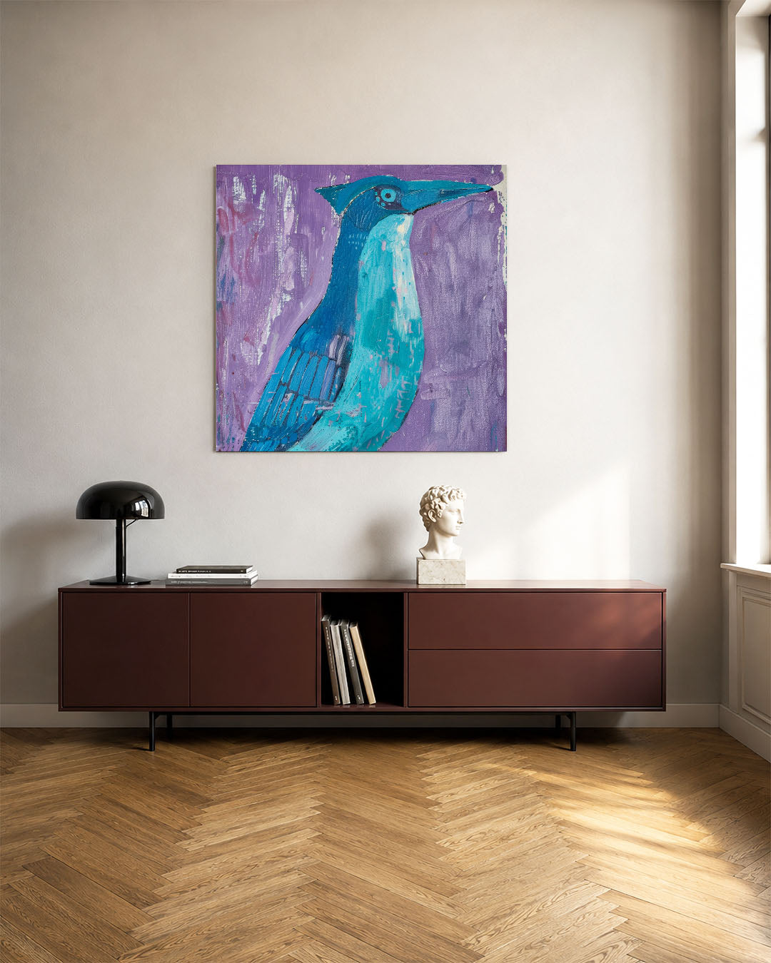Vogelsilhouet in kleur kunstwerk – tweede productweergave – dit werk toont een vogel in levendige tinten blauw en paars, met