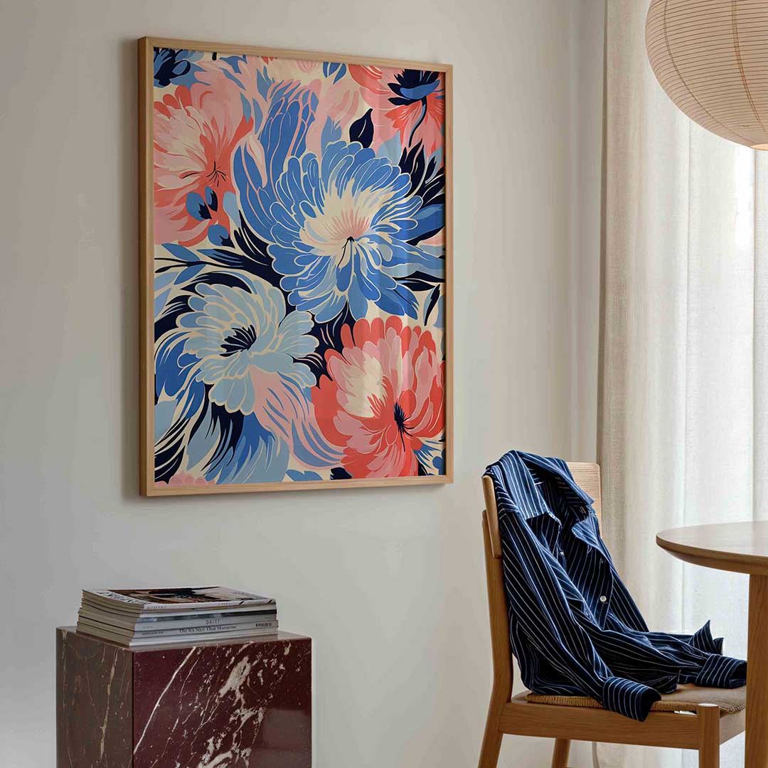 Bloemen in blauw en roze – bloemen poster in staand formaat