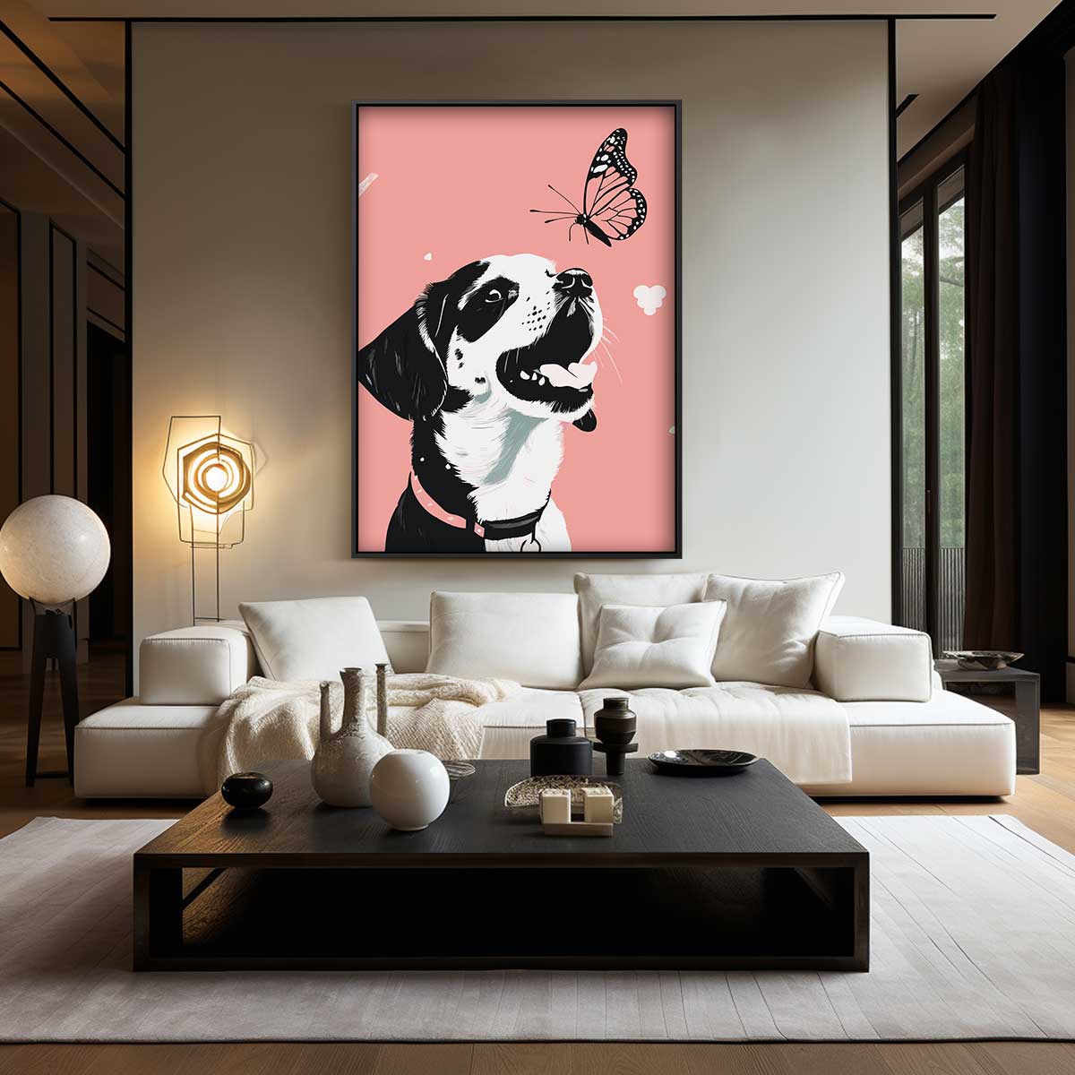 Vrolijke Puppy Met Vlinder – kunstwerk met zwarte baklijst