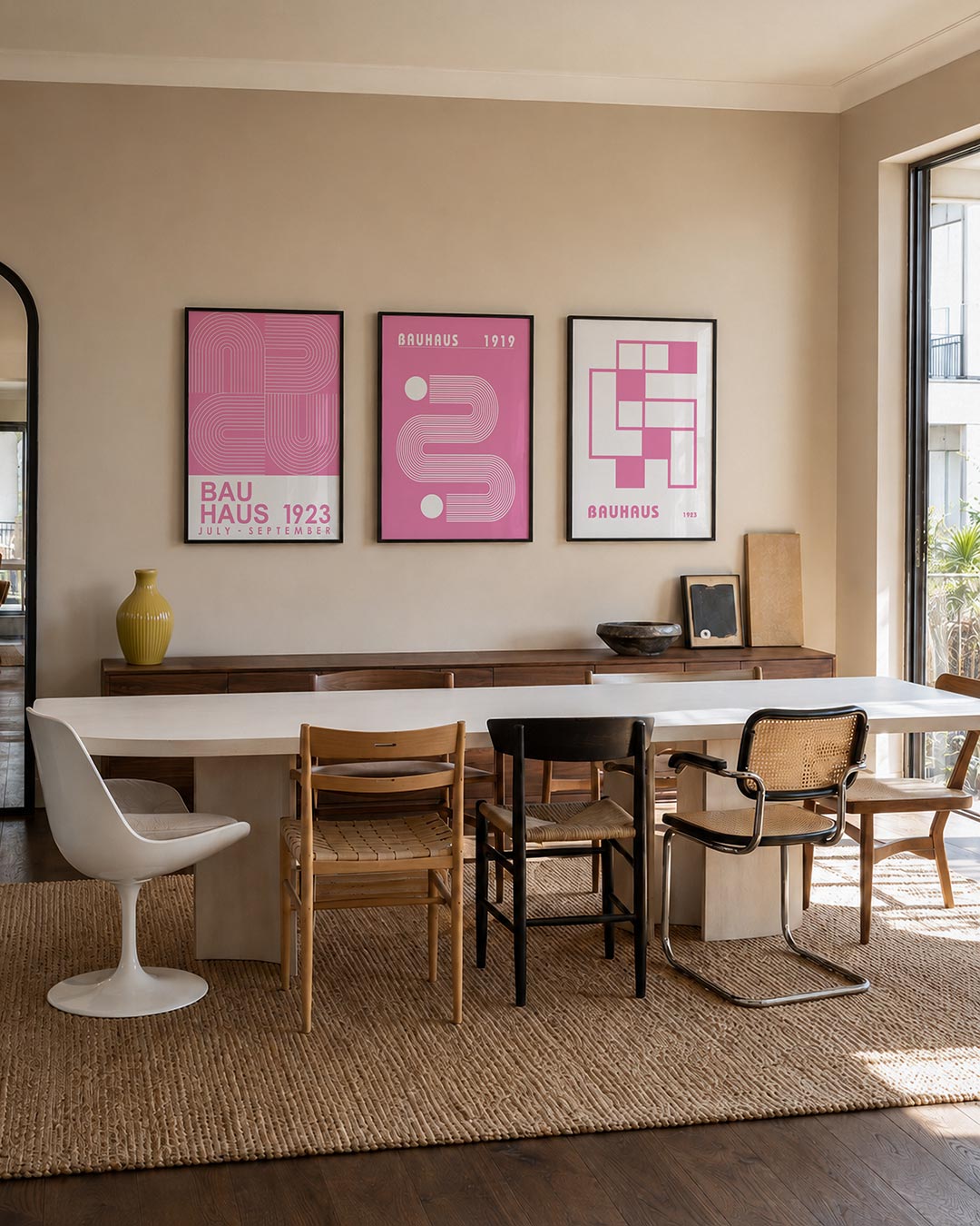 Lijnen en vormen driedelige posterset – deze posterset in drie delen toont een ritmisch lijnenspel met roze en witte bogen en