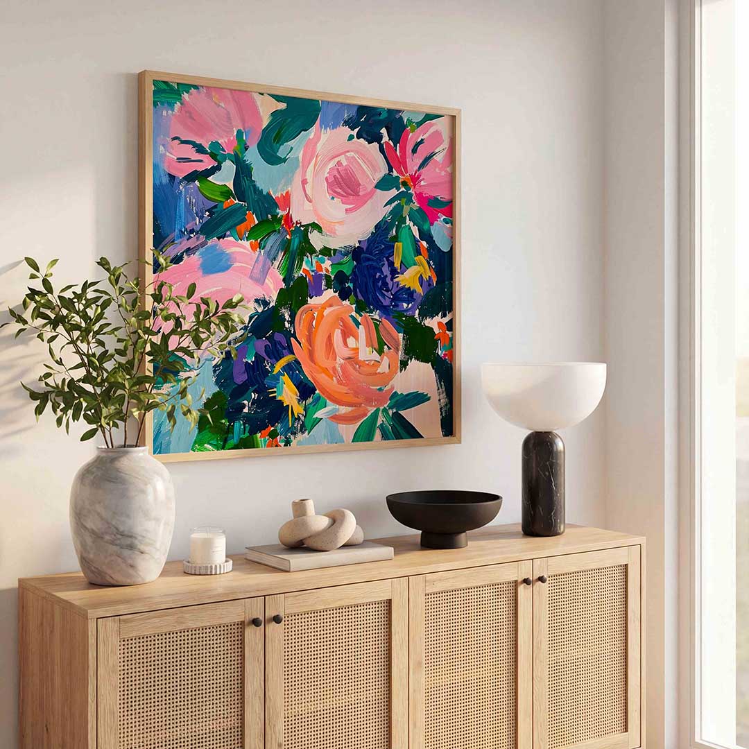 Bloemen in levendige kleuren – illustratie poster in vierkant formaat