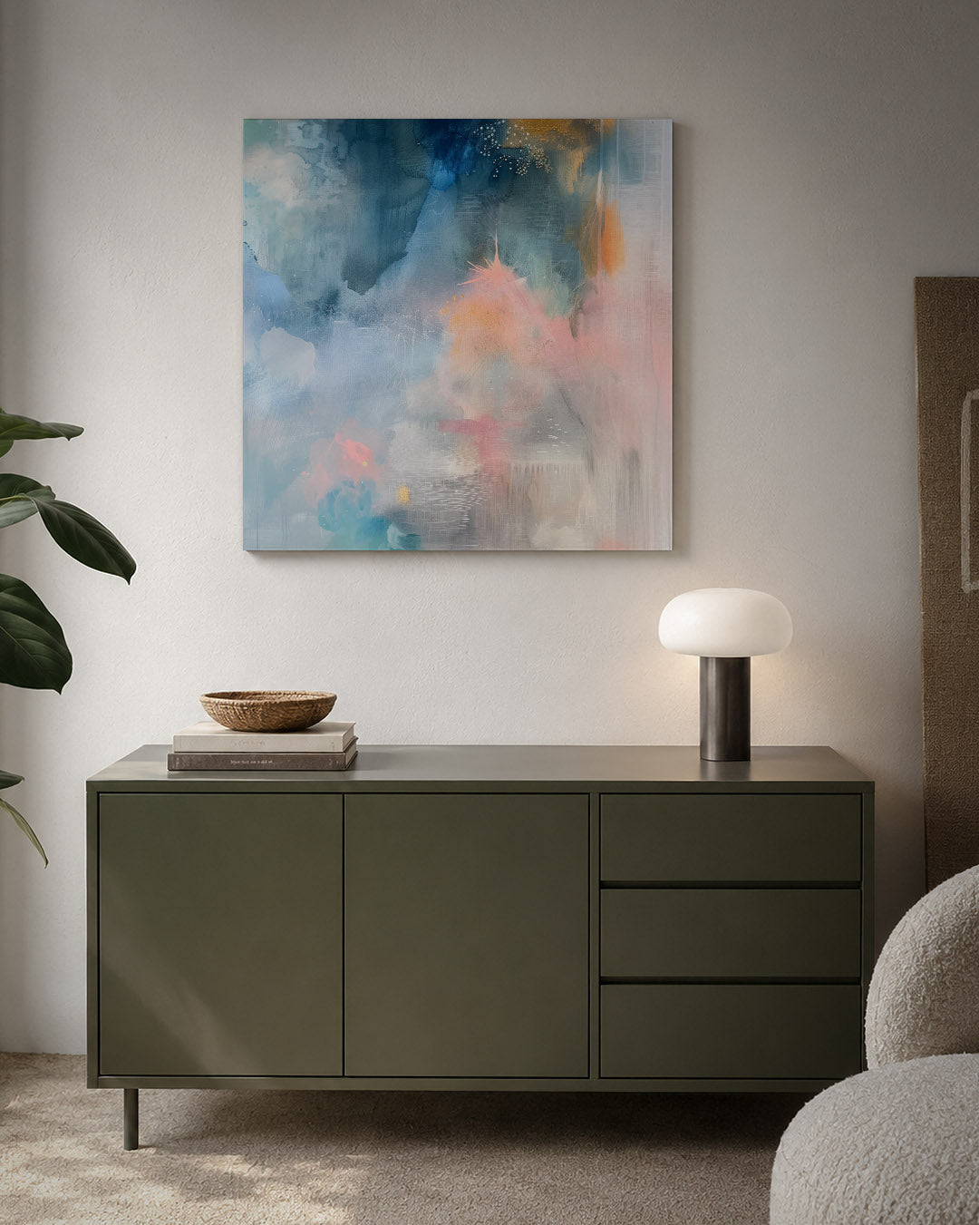 Dromerige kleurenexplosie kunstwerk – detailweergave – dit werk toont een vloeiende mix van zachte kleuren en vormen. De