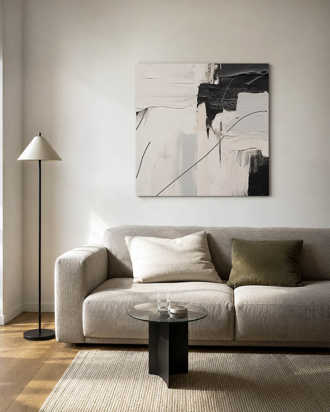 Compositie van lijnen kunstwerk – vierkante wanddecoratie – dit werk toont een spel van dikke penseelstreken in zwart en wit