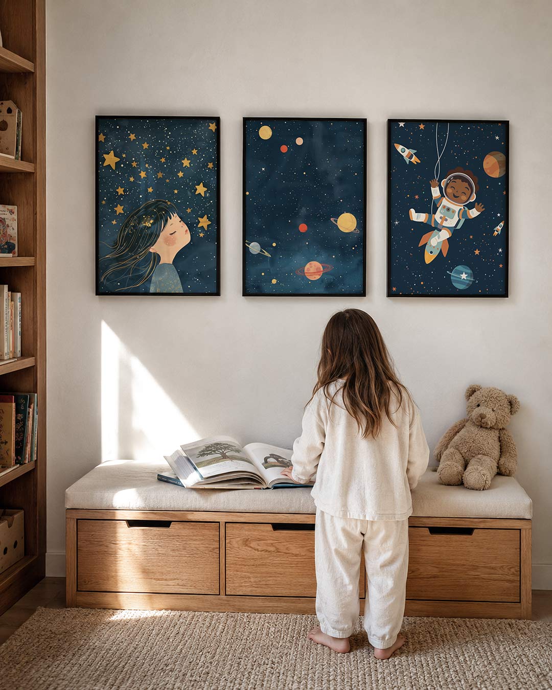 Sterrenhemel droom posterset – derde productweergave – een tafereel met een kind dat omhoog kijkt naar een hemel