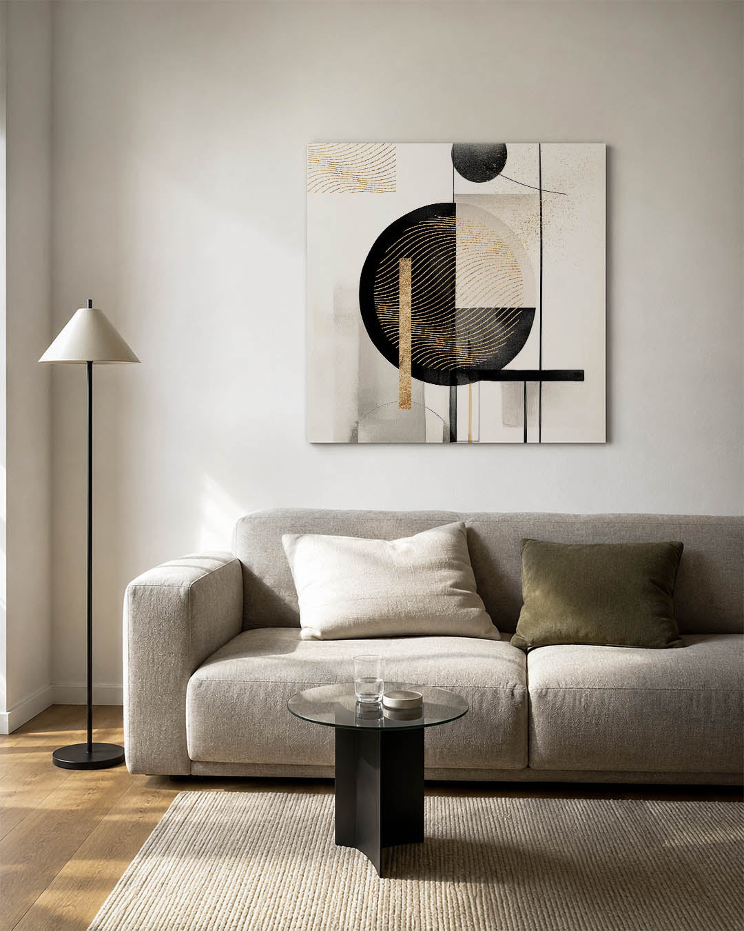 Geometrische lijnen compositie kunstwerk – vierkante wanddecoratie – dit werk toont een dynamische compositie van cirkels en