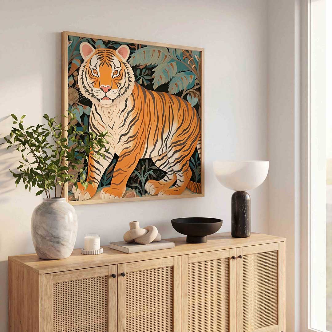 Tijger in jungle – dierenillustratie als vierkante poster